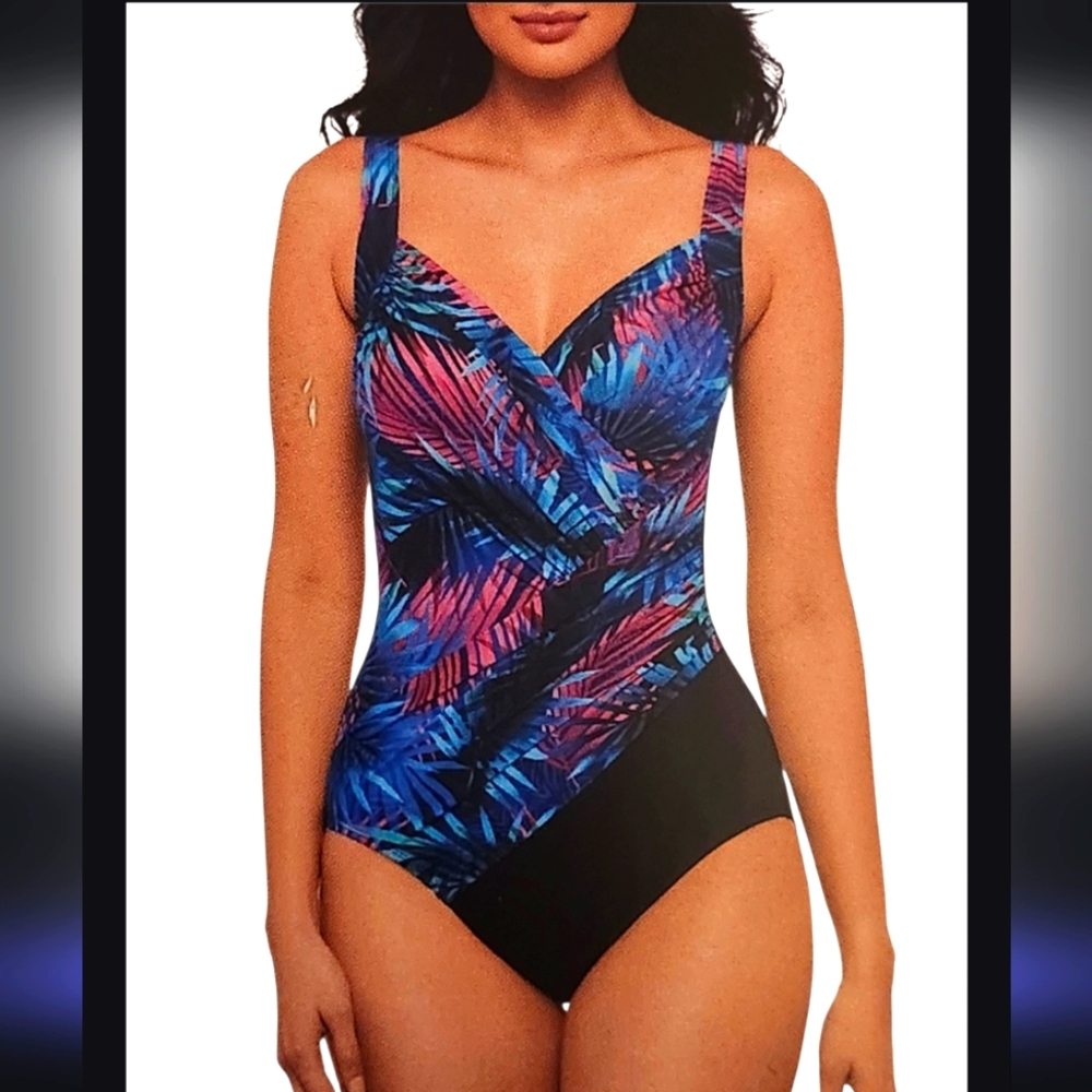 NWT Miraclesuit Womens Swimsuit Purple Multicolor Floral Slimming One Piece 8